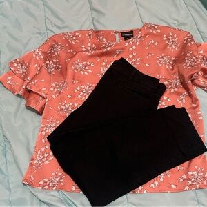 Liz Claiborne Coral Floral Blouse and Ann Taylor petite ankle dress pants